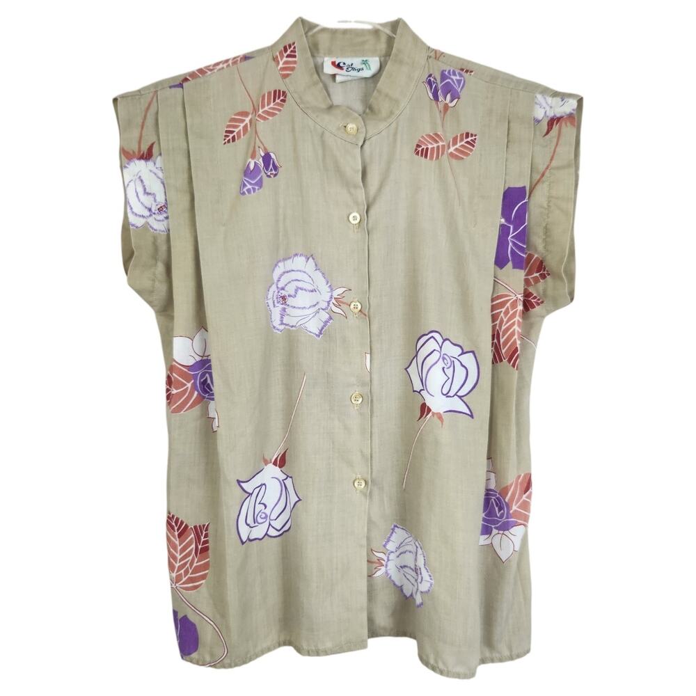 Vintage Cal-Togs Womens Medium Sleeveless Floral Pleated Buttonfront Top Beige